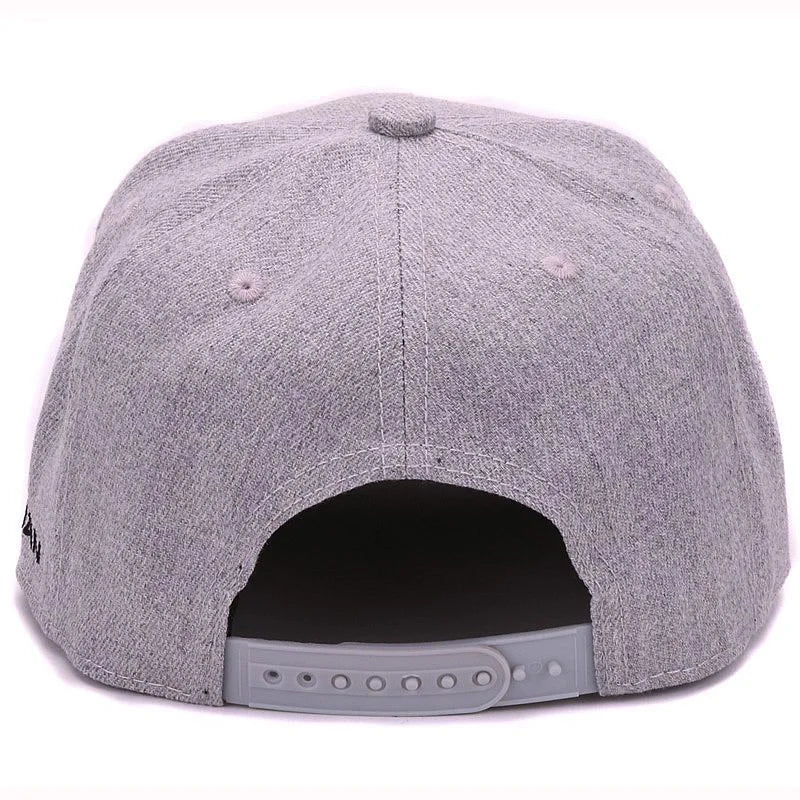 High Quality Grey Wool Snapback 3D Pierced Embroidery Hip Hop Cap Flat Bill Baseball Cap for Men and Women